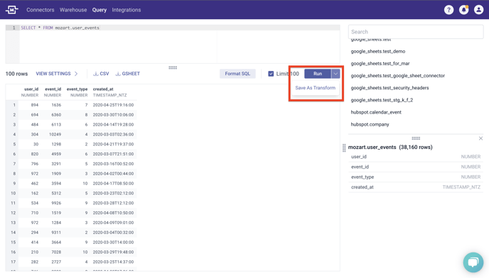 Save query as transform